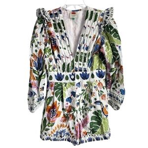 Farm Rio Summer Garden Women Tropical Romper Size M Allover Print Pockets Cotton